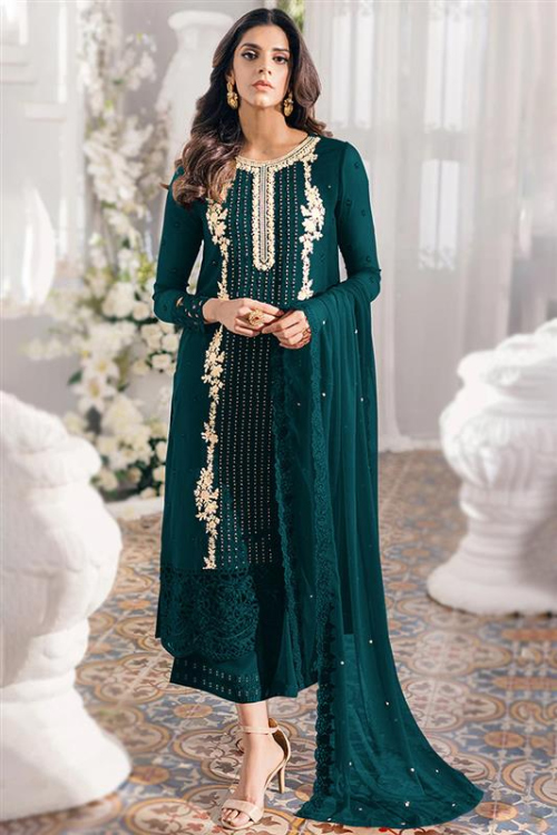 Georgette Embroidered Teal Green Straight Cut Palazzo Suit for Wedding & Party