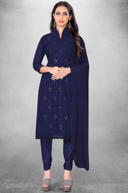 Georgette Indigo Blue Embroidered Straight Cut Churidar Suit