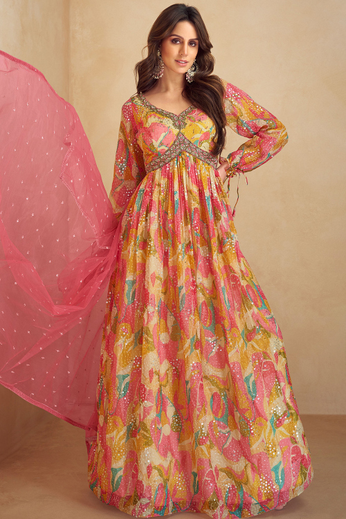 Georgette Light Beige Anarkali with Sequins Work for Diwali