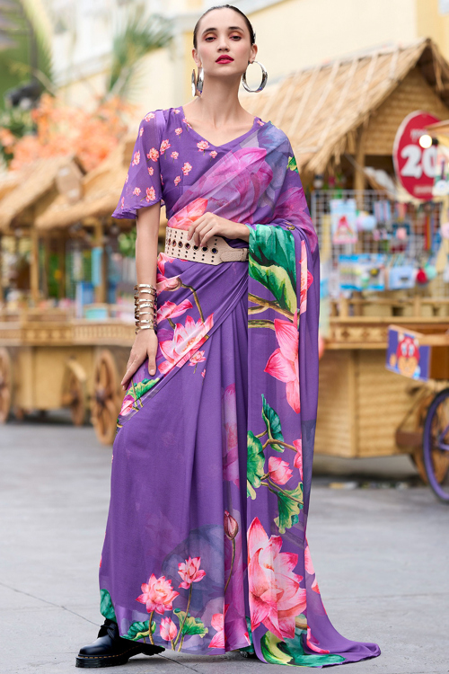 Georgette Light Purple Light Weight Printed Saree