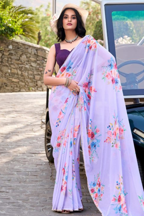Georgette Light Purple Saree with Lace Work for New Year