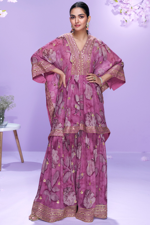 Georgette Mauve Pink Embroidered Indo-Western Kaftan Style Sharara Suit