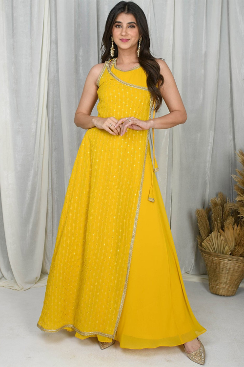 Georgette Mustard Yellow Gown with Sequins Work for Party