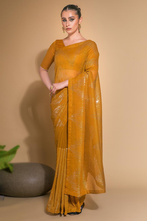 Georgette Mustard Yellow Sequins Embroidered Saree 