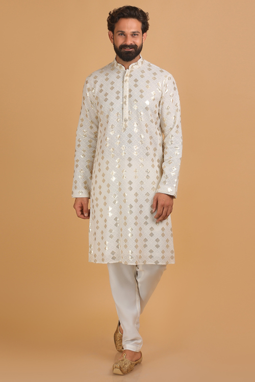 Georgette Off-White Sequins Embroidered Men's Kurta Pajama