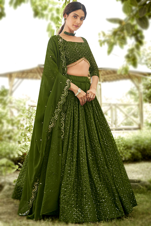 Georgette Olive Green Embroidered Flared Style Lehenga 