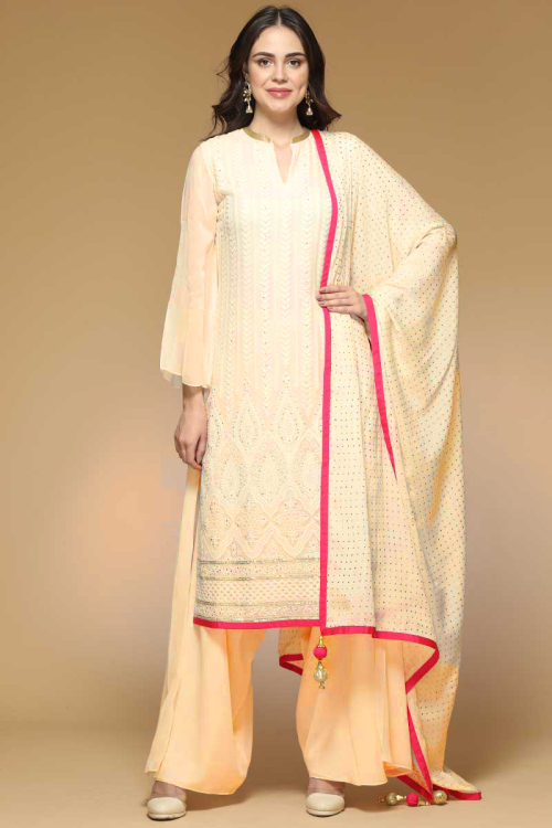 Georgette Wedding Palazzo Pant Suit In Creme Color