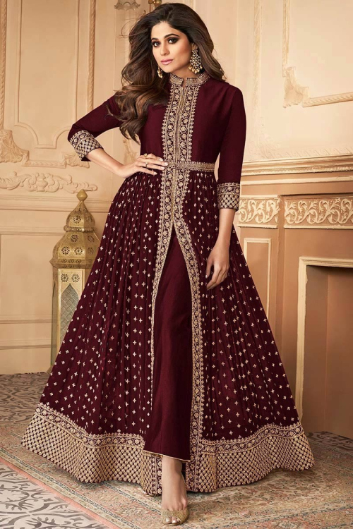 Georgette Party Wear Wedding Anarkali Salwar Suit In Maroon Color