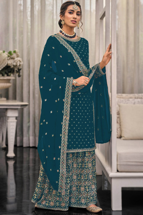Georgette Peacock Blue Sequins Embroidered Sharara Suit
