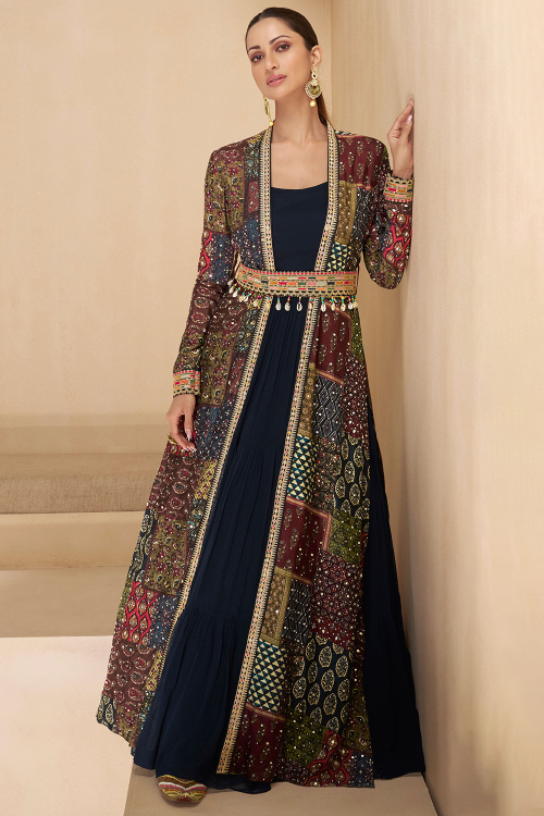 Georgette Prussian Blue Gown With Printed Jacket