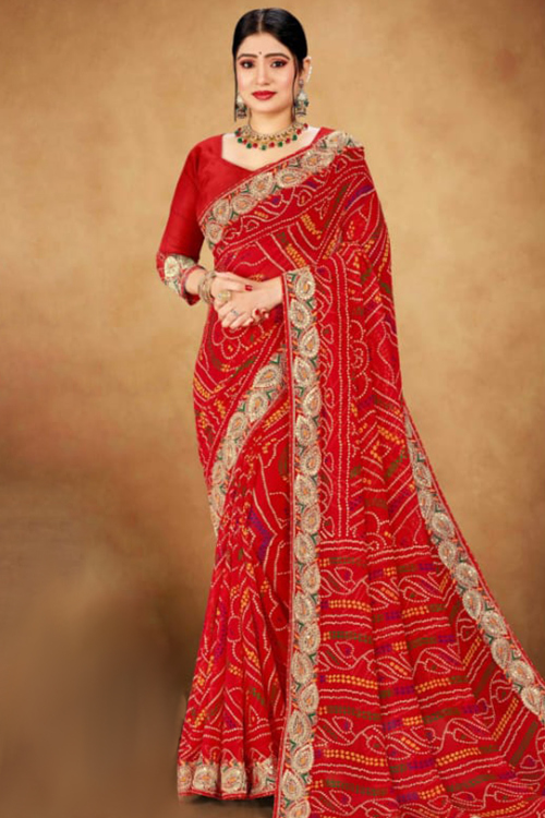 Georgette Red Bandhej Print Saree for Festival 