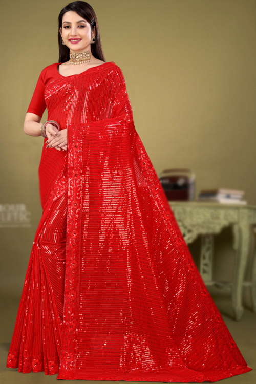 Georgette Red Sequins Embroidered Fancy Saree