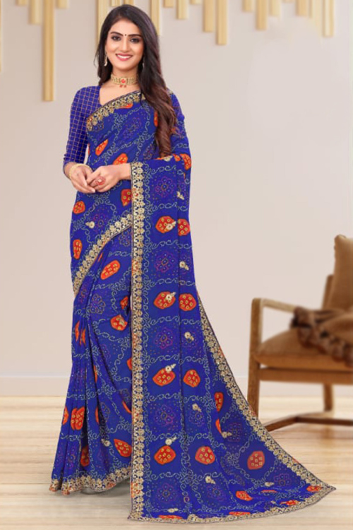 Georgette Royal Blue Bandhani Printed Saree For Sangeet 