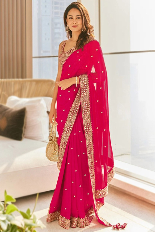 Georgette Ruby Pink Embroidered Light Weight Saree For Eid