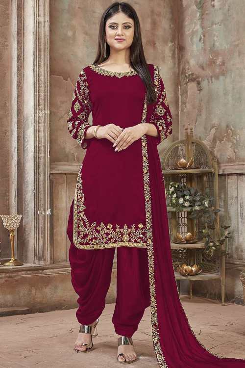 Georgette Ruby Pink Embroidered Patiala Suit