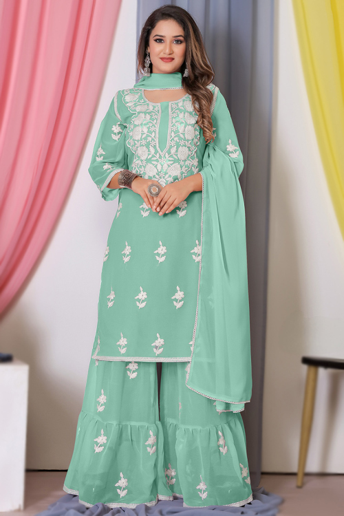 Georgette Seafoam Green Thread Embroidered Sharara Suit 
