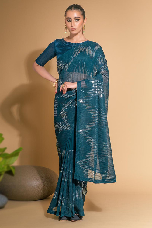 Georgette Teal Blue Sequins Embroidered Saree 