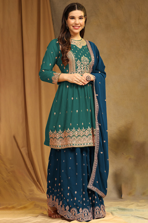Georgette Teal Green Embroidered A Line Sharara Suit 