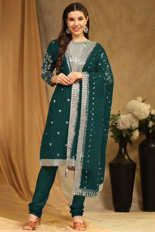 Georgette Teal Green Sequins Embroidered Straight Cut Suit