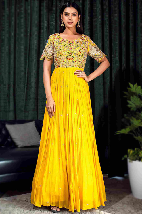 Georgette Turmeric Yellow Embroidered Anarkali Style Wedding Gown