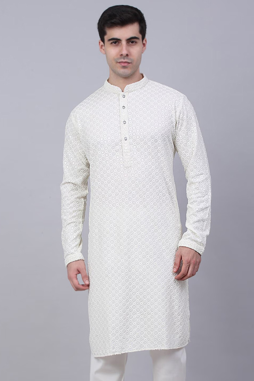 Georgette White Chikankari Embroidered Men Kurta 