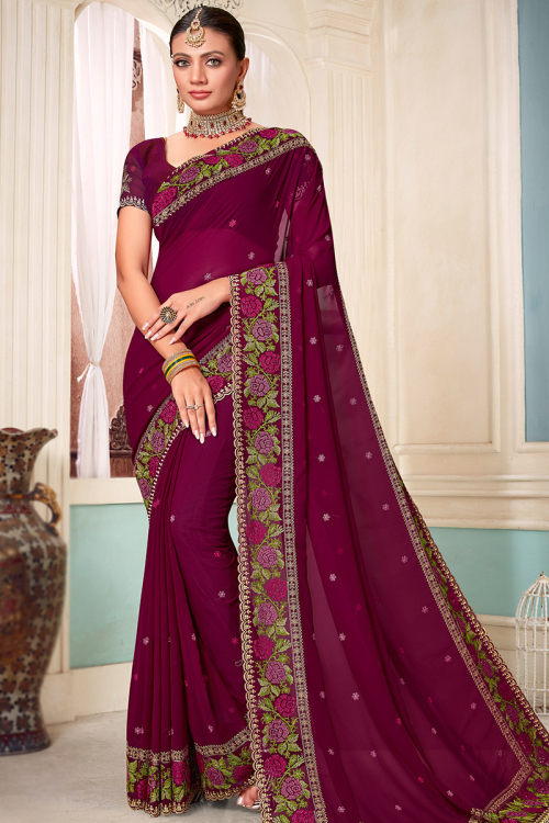 Georgette Zari Embroidered Wine Light Weight Saree