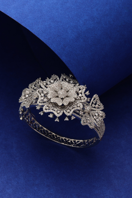 Gleaming Floral Butterfly Silver Bracelet