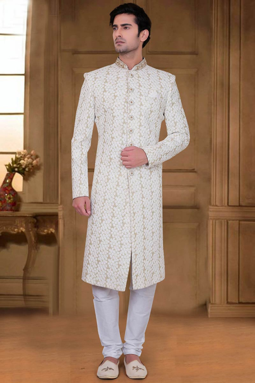 Gold Georgette Thread Embroidered Men Sherwani