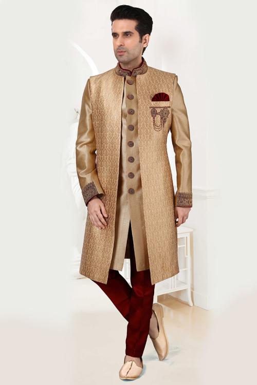 Gold Silk Jacket Style Men's Sherwani 