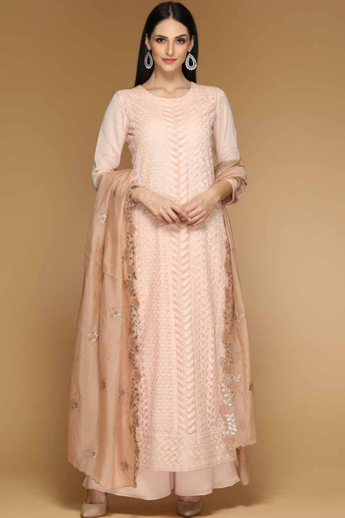 Rosette Pink Dupion Palazzo Pant Suit for Wedding & Party