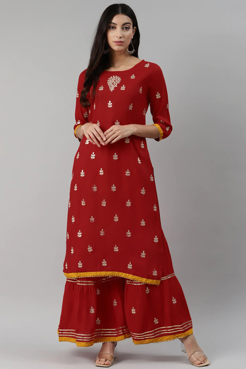 Gota Patti Embroidered Rayon Maroon Kurti