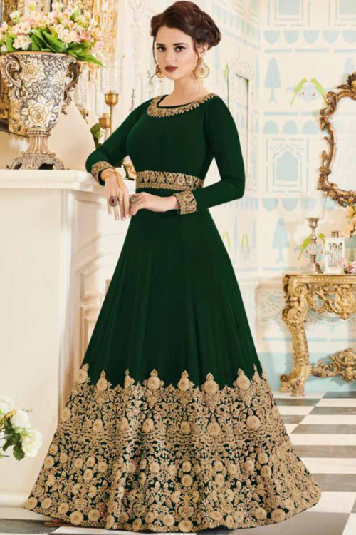 Green Wedding Anarkali Gown With Resham Embroidered