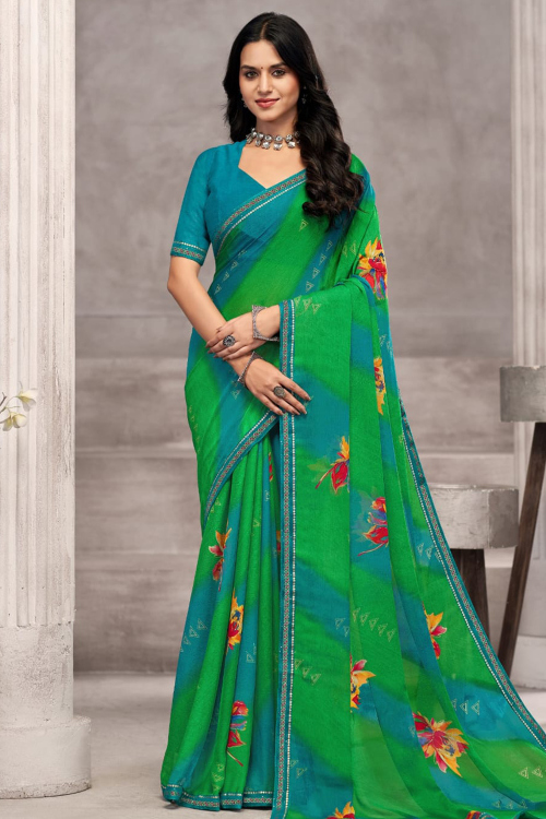 Green Chiffon Saree With Lace Work For Casual Wear
