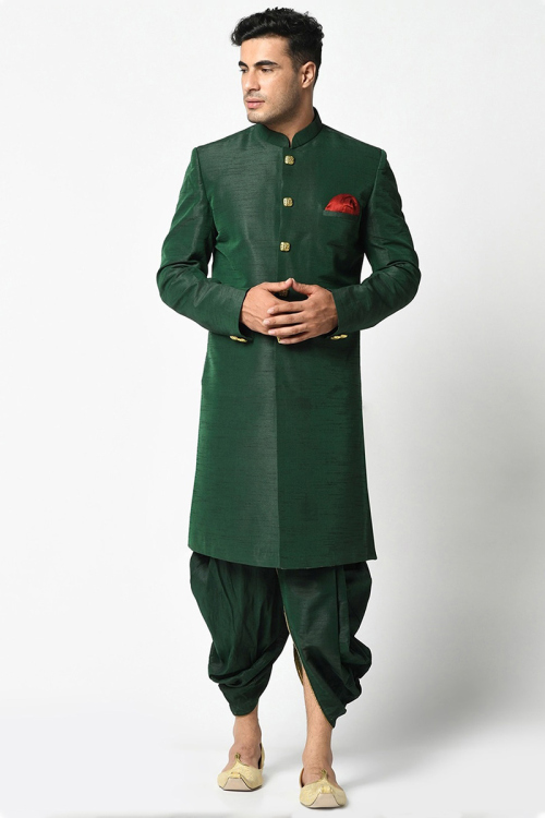 Green Dupion Silk Straight Cut Men Sherwani for Wedding & Party