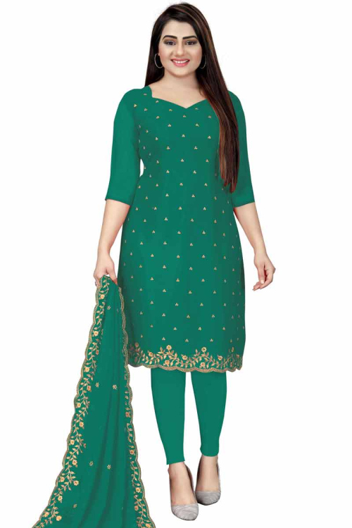 Green Georgette Embroidered Churidar Suit With Zari Work for Wedding & Party