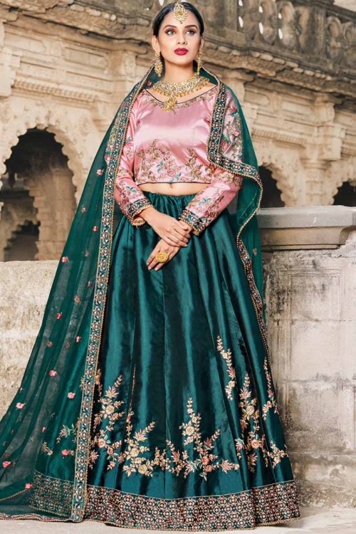 Green Satin Lehenga With Pink Choli