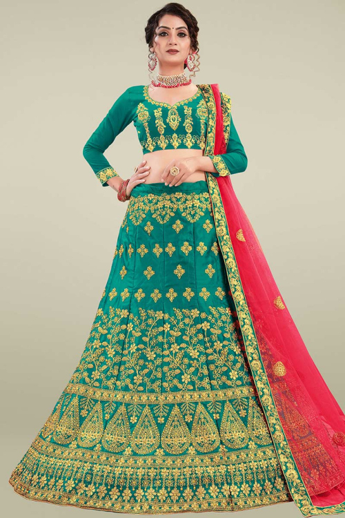 Green Lehenga Choli In Satin Fabric With Zari Work 