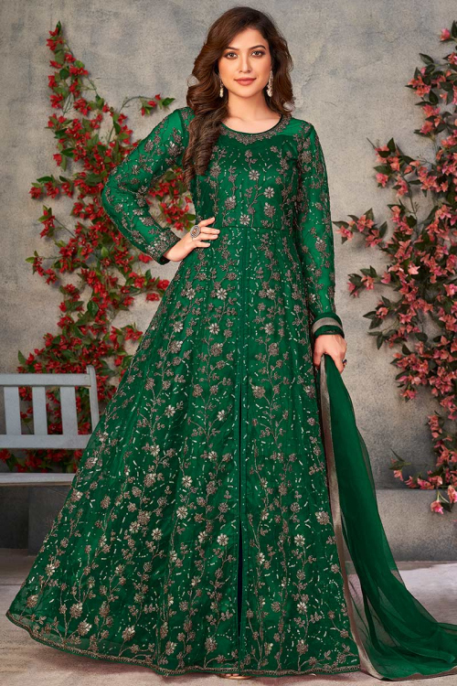 Green Net Embroidered Anarkali Suit