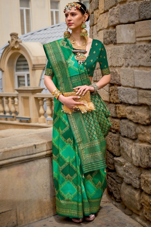 Green Printed Silk Broad Border Saree