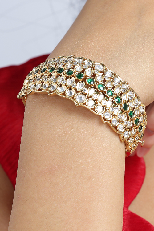Green Traditional Bracelets With Kundan