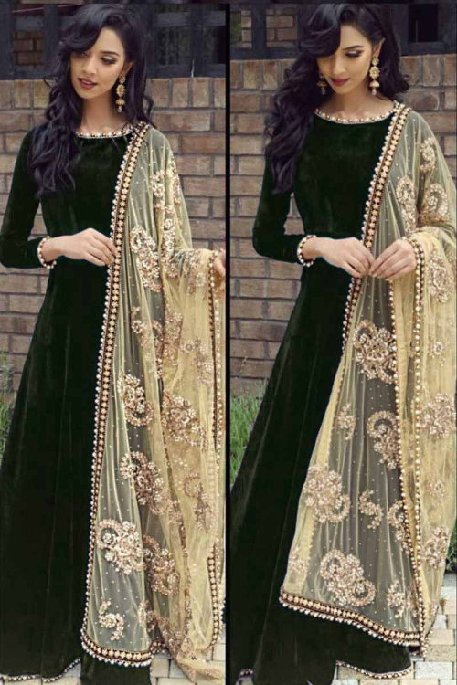 Green Velvet Wedding Anarkali Suit With Zari Work