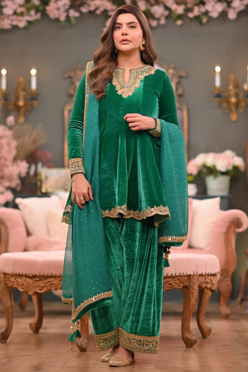 Green Velvet Embroidered Peplum Style Suit For Wedding Wear