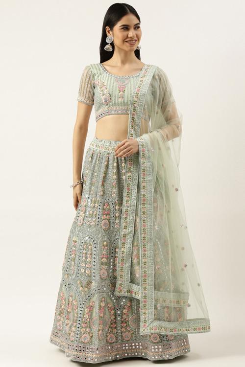 Greenish Grey Net Embroidered Lehenga