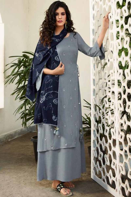 Grey Cotton Linen Anarkali Suit 