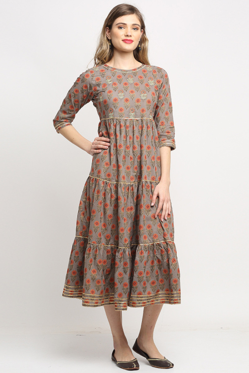Grey Beige Cotton Frock Style Kurti