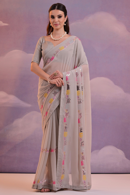 Grey Beige Embroidered Georgette Light Weight Saree