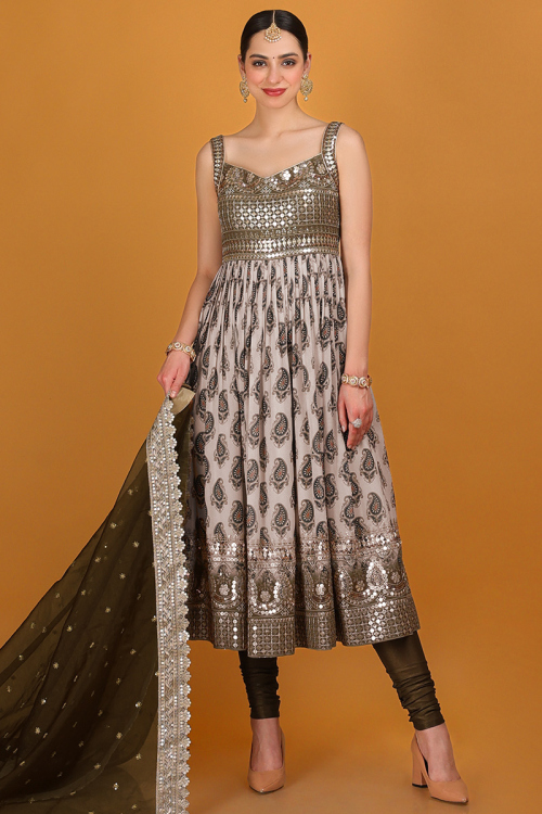 Grey Beige Georgette Printed Churidar Suit for Wedding & Party