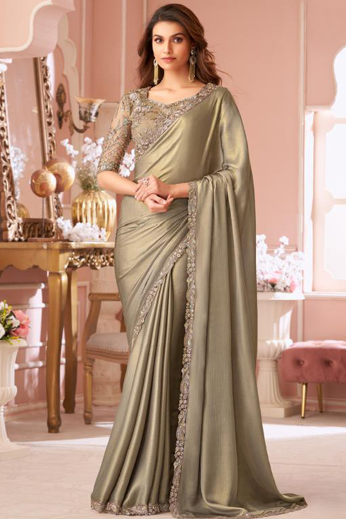 Grey Beige Georgette Silk Embroidered Fancy Saree