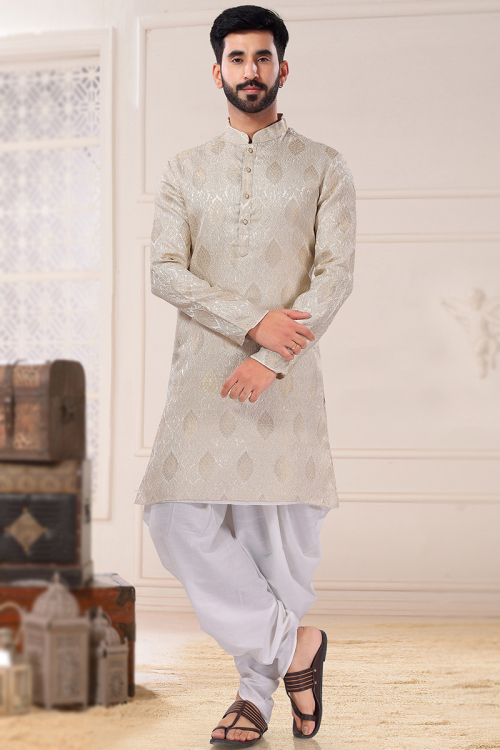 Grey Beige Jacquard Men Kurta Pajama