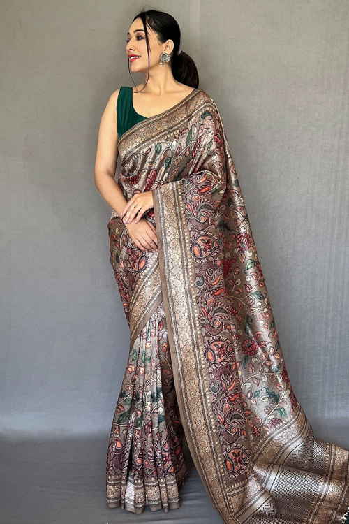 Grey Beige Kalamkari Print Work Silk Saree